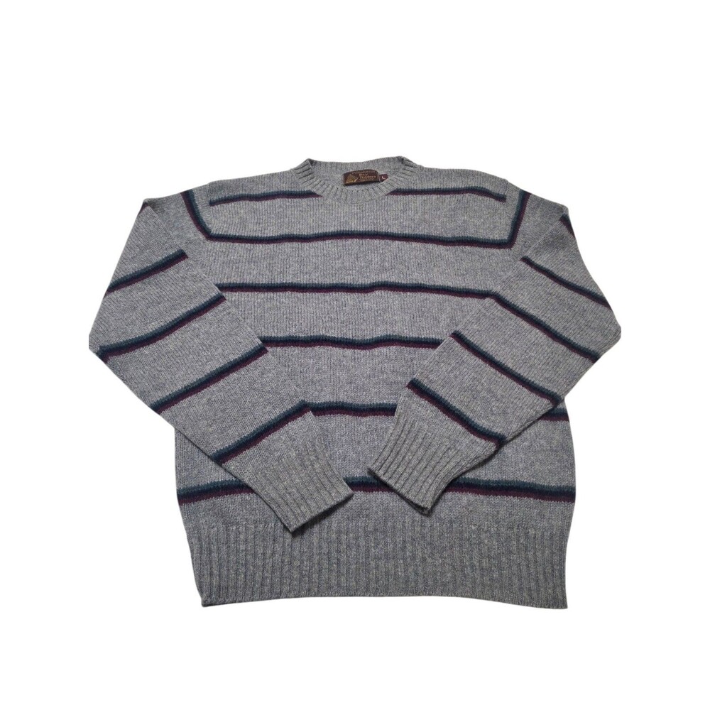 Vintage Penobscot Bay Traders Gray Stripe Shetland Wool Blend Sweater L USA